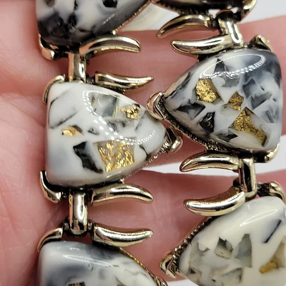 VTG Coro Demi-Parure: Gold Tone Setting | White, Black, Gold "Confetti" | SIGNED - Picture 4 of 13